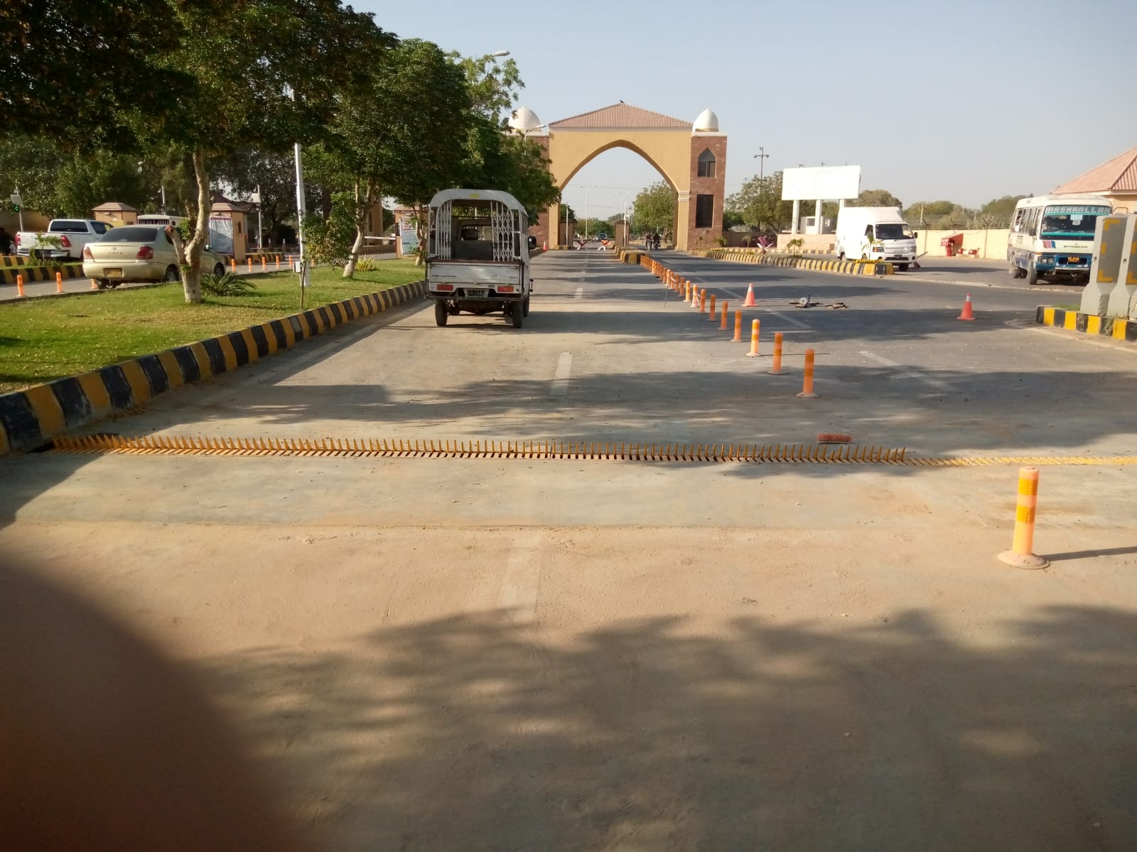 tyre busters installed to stop wrong side vehicles outside the university entrance